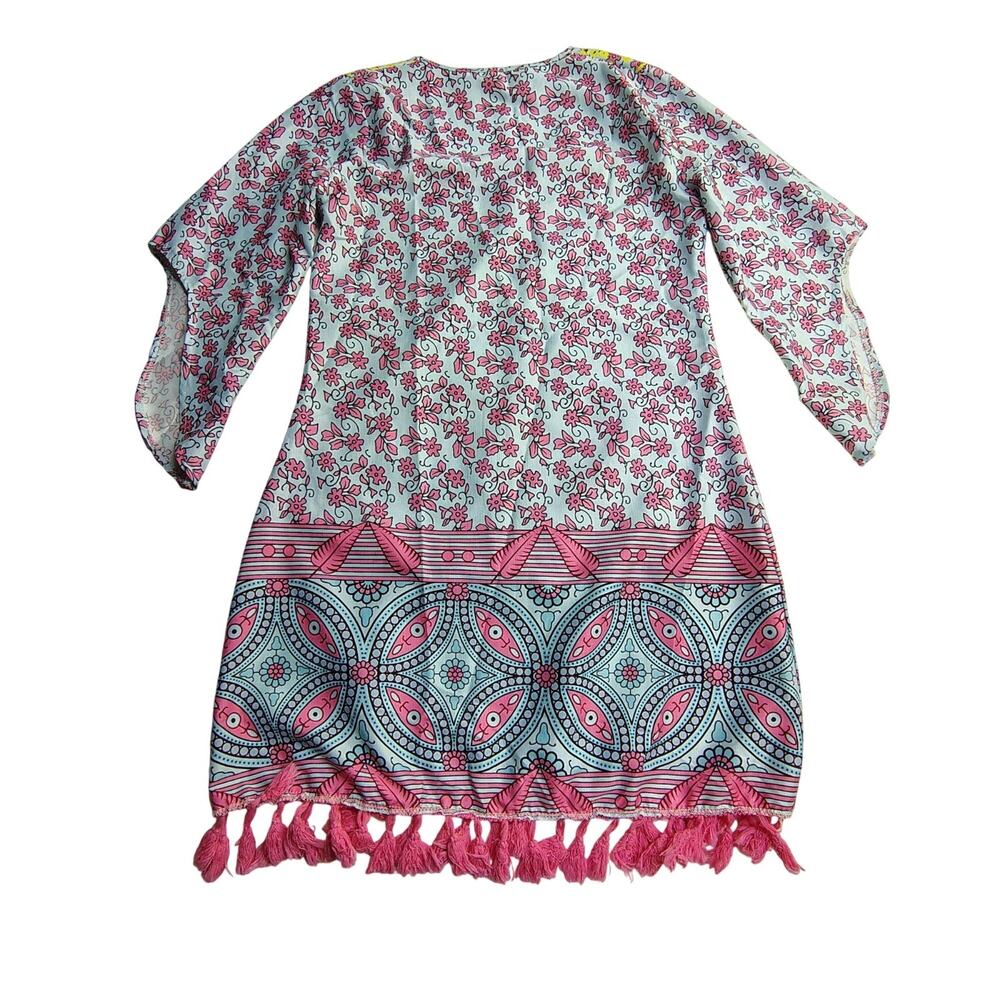 Mislook Tunic Boho Vibrant Eclectri Floral Tassels Fringe Pink Coastal Fairy Cow - Picture 3 of 11